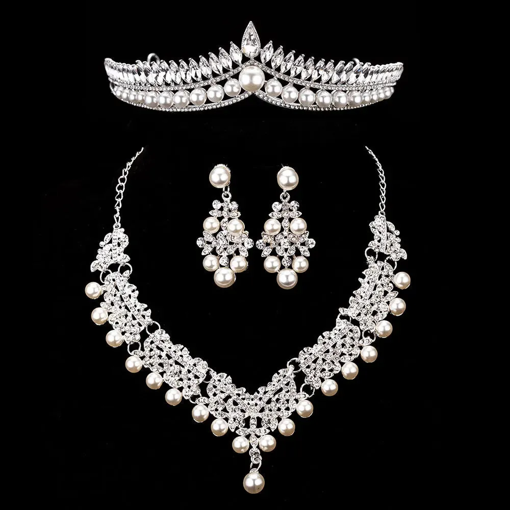 Bride Crystal Pearl Costume jewelery sets Rhinestone Choker Necklace Earrings Tiara Bridal Women Wedding Jewelry Set