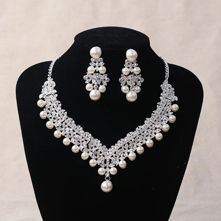 Bride Crystal Pearl Costume jewelery sets Rhinestone Choker Necklace Earrings Tiara Bridal Women Wedding Jewelry Set
