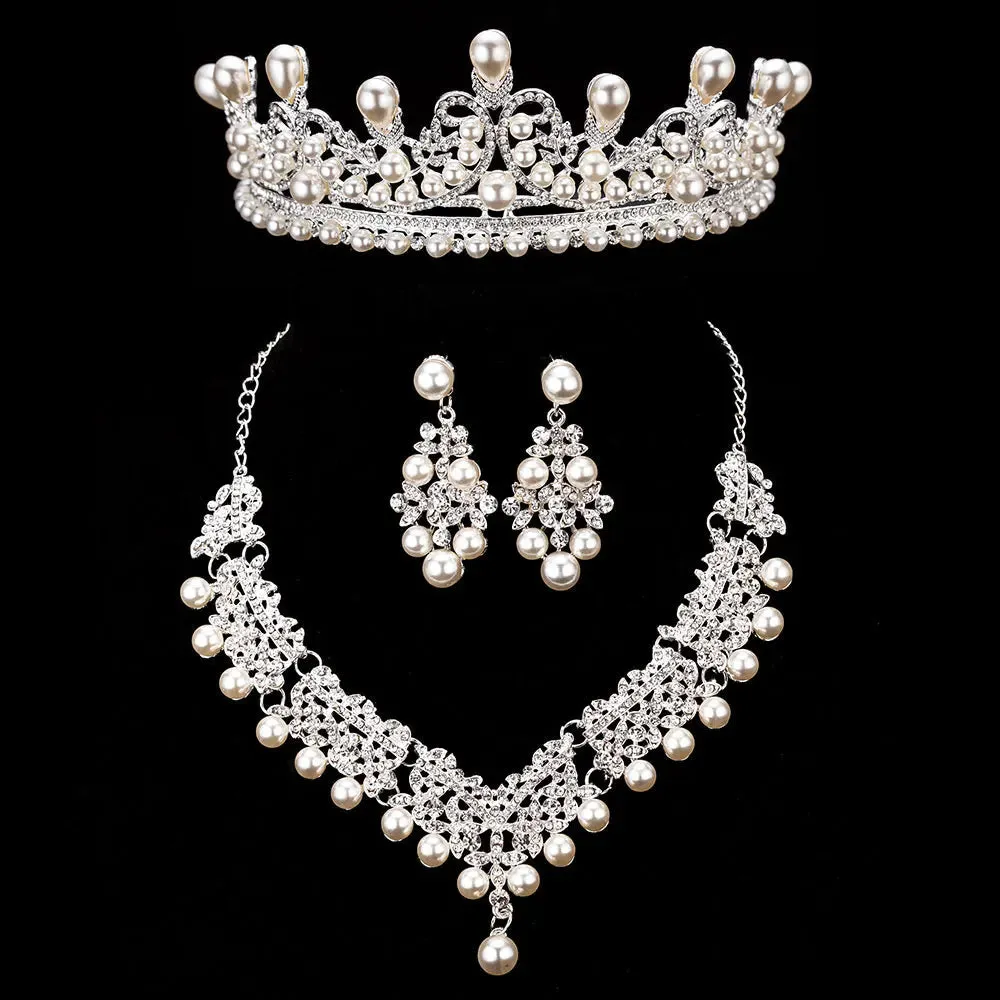 Bride Crystal Pearl Costume jewelery sets Rhinestone Choker Necklace Earrings Tiara Bridal Women Wedding Jewelry Set