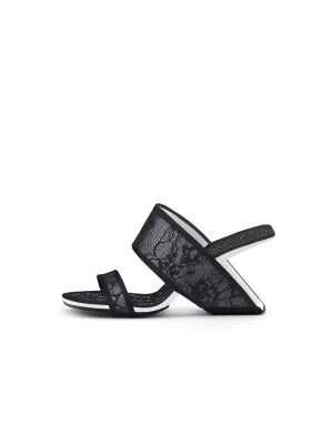 Camellia Lace Upper Leather Heeled Sandal - Black