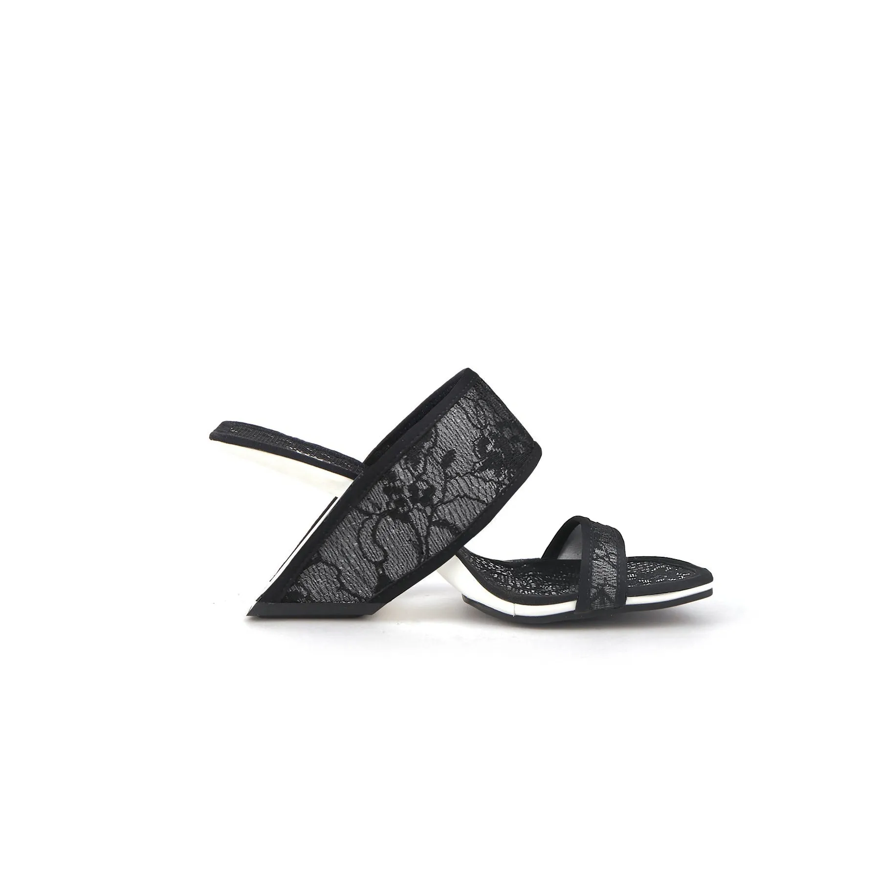 Camellia Lace Upper Leather Heeled Sandal - Black