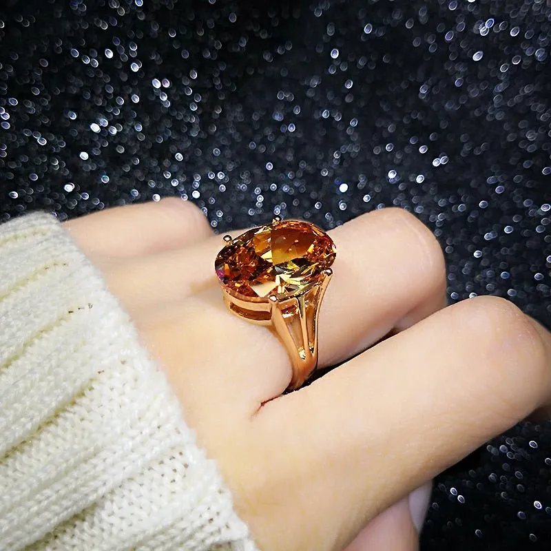 Champagne Gemstone Ring 18K Rose Gold Women Wedding Jewelry
