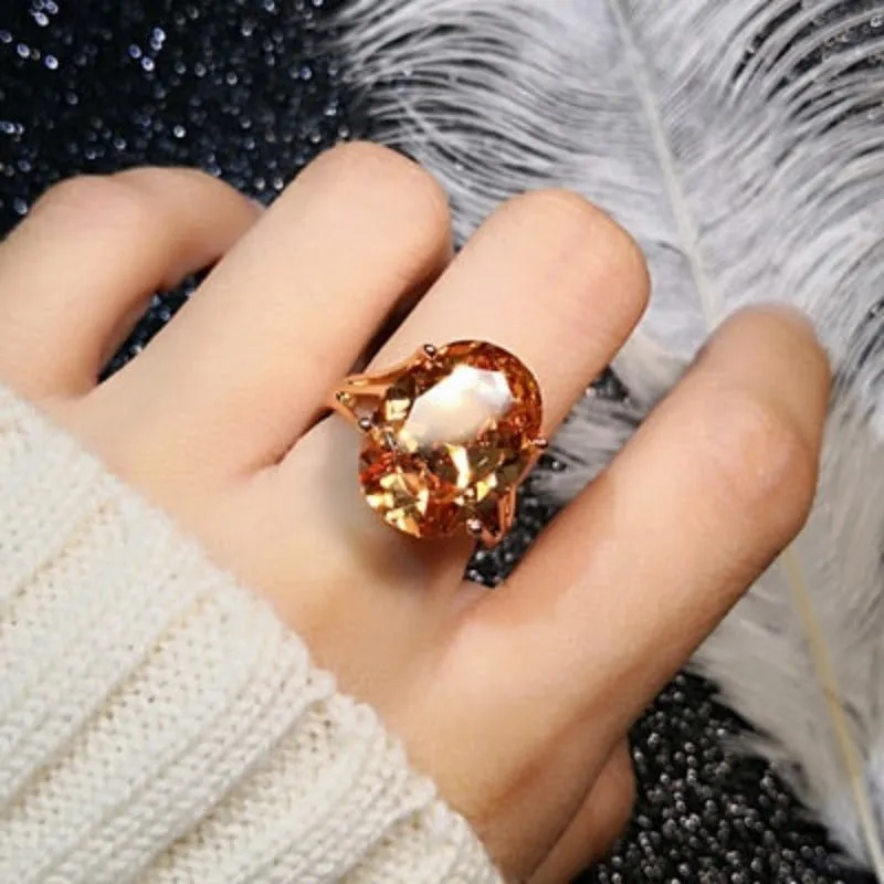 Champagne Gemstone Ring 18K Rose Gold Women Wedding Jewelry