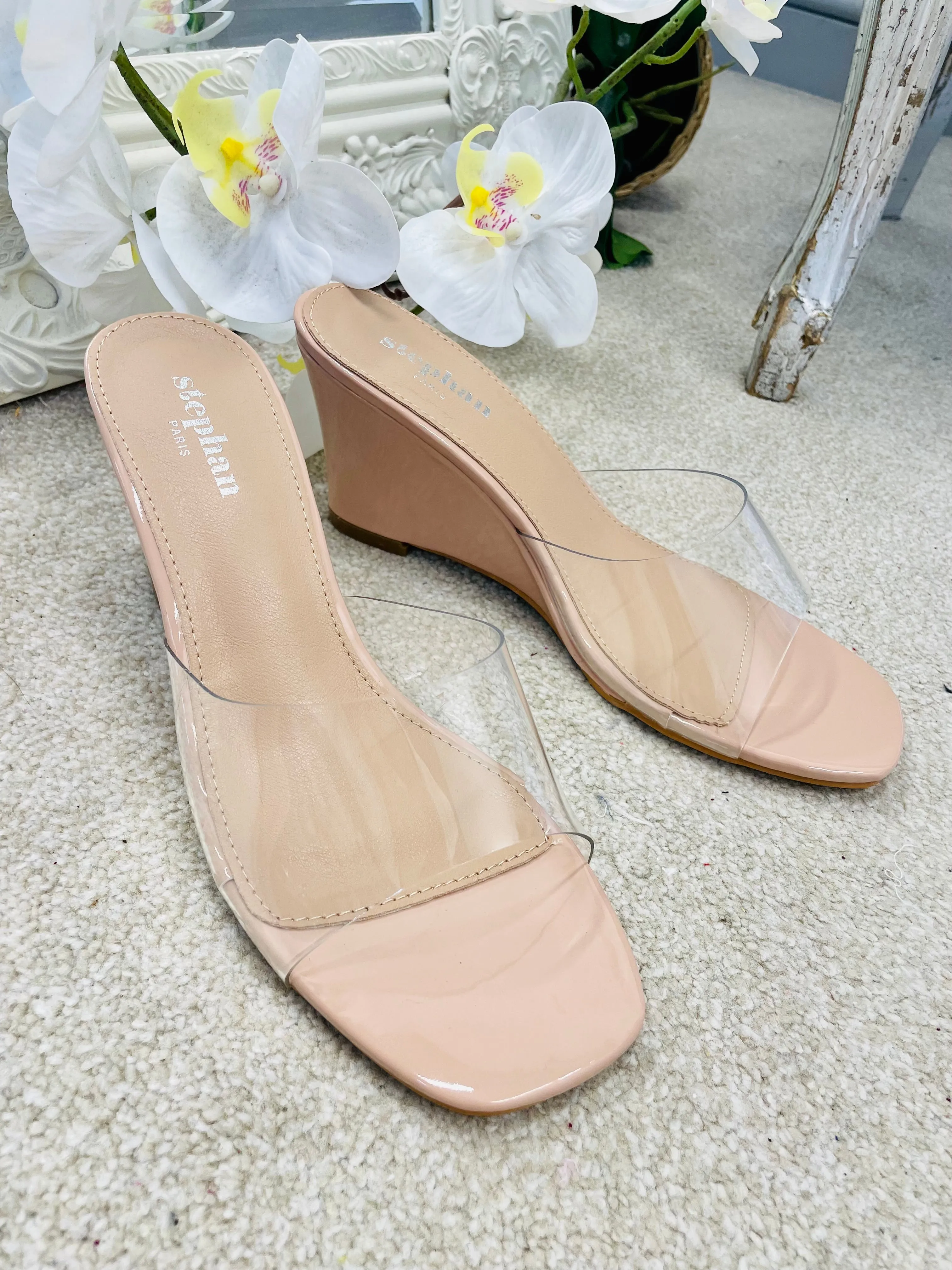 CLEAR NUDE WEDGE HEEL SANDALS ( 159 ) sizes 3 to 8