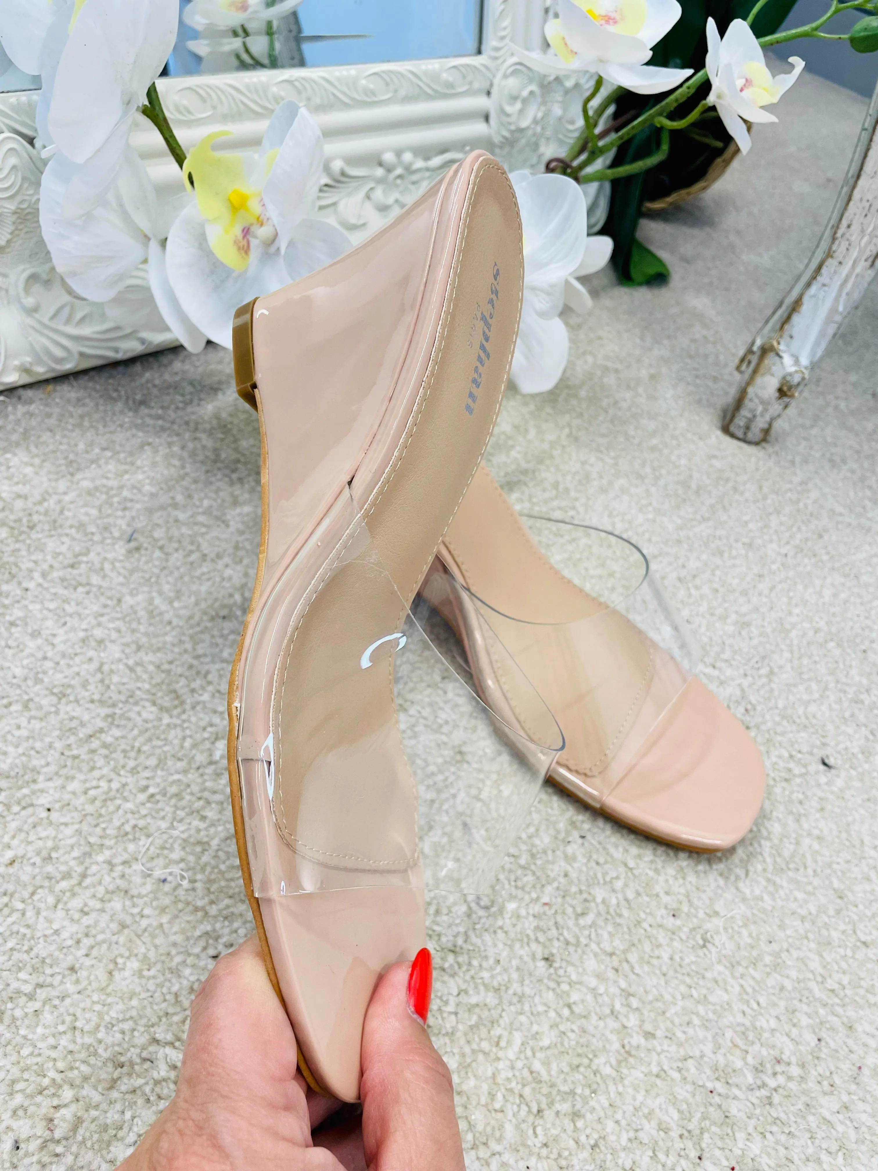 CLEAR NUDE WEDGE HEEL SANDALS ( 159 ) sizes 3 to 8