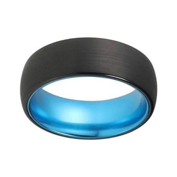 CONROE Men's Domed Black Tungsten Carbide Ring with Aqua Blue Inside - 8mm