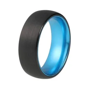 CONROE Men's Domed Black Tungsten Carbide Ring with Aqua Blue Inside - 8mm