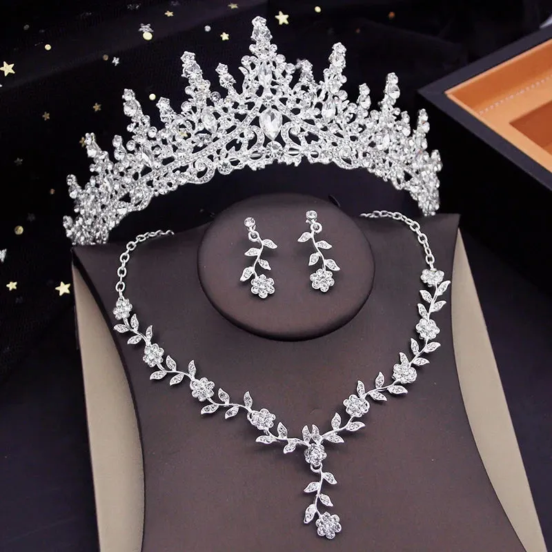 Crystal Tiaras Bridal Jewelry Sets for Women Crown Flower Choker Necklace Sets Wedding Bride Costume Jewelry Set