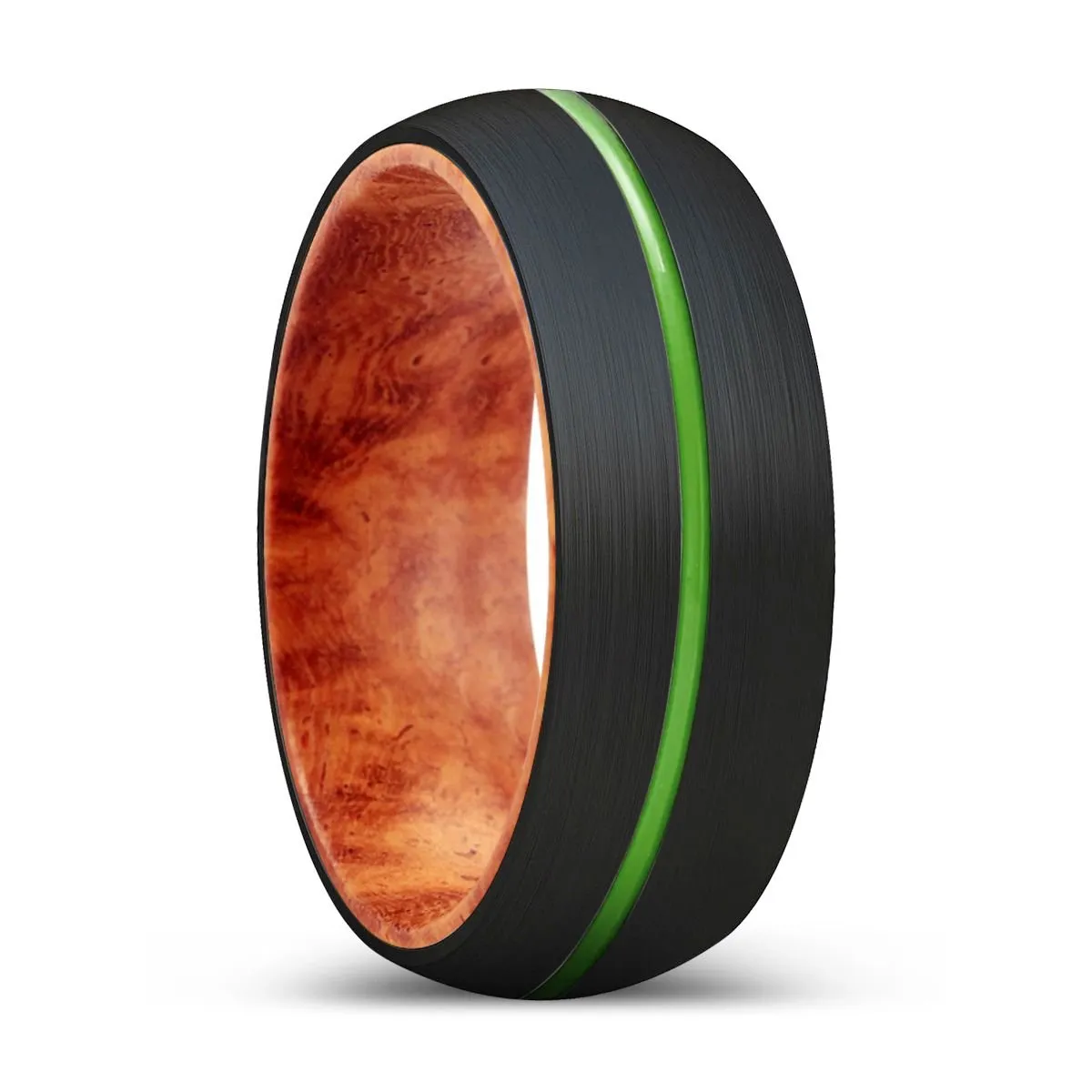 DARBY | Red Burl Wood, Black Tungsten Ring, Green Groove, Domed