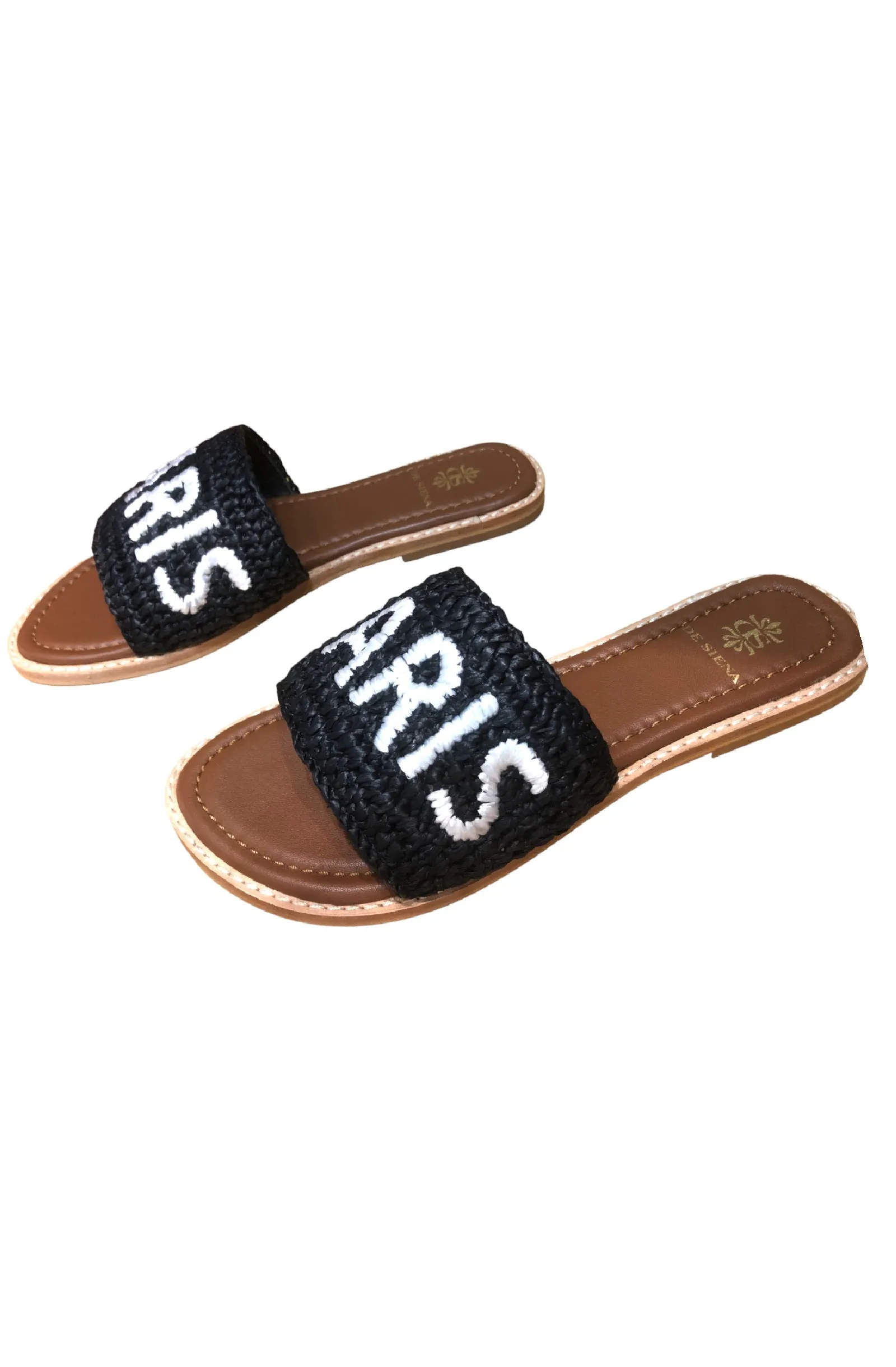 DE SIENA Paris Raffia Black Slip On Sandals