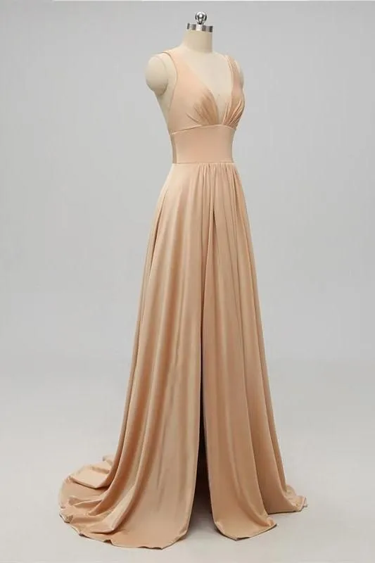 Elegant A-line Sexy V Neck Gold Long Modest Side-slit Bridesmaid Dress, WG239