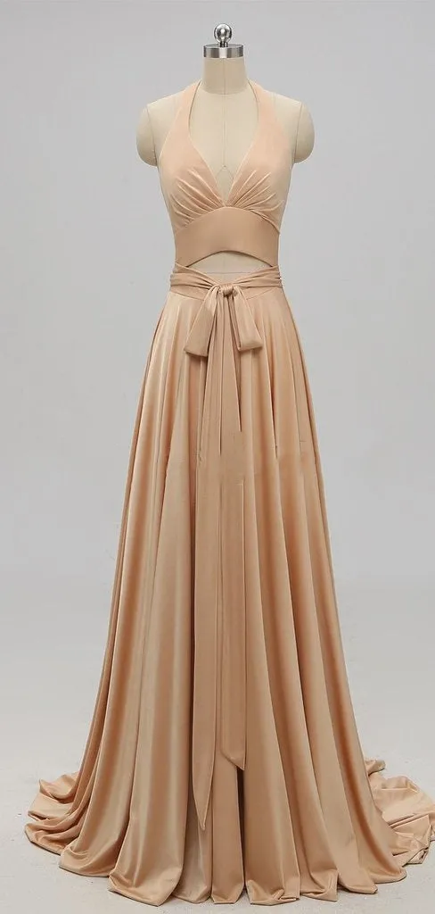 Elegant A-line Sexy V Neck Gold Long Modest Side-slit Bridesmaid Dress, WG239