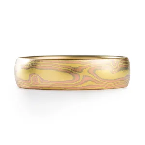 Elegant Mokume Gane Ring or Wedding Band in All Gold 18k Blaze Palette and Woodgrain Pattern