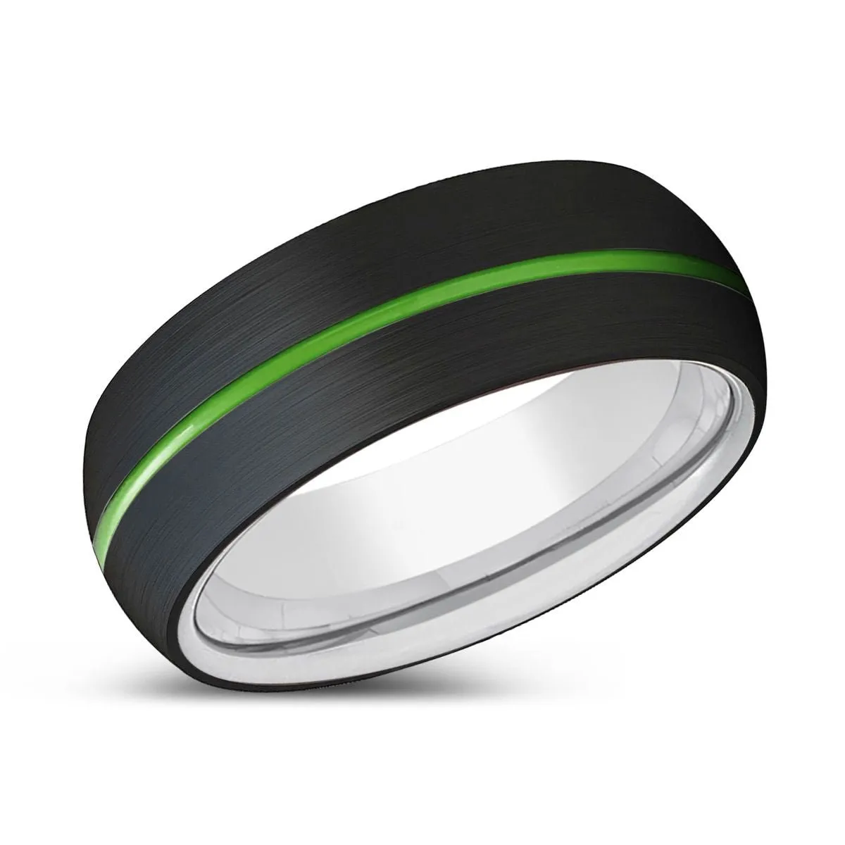 ELEMENCE | Silver Ring, Black Tungsten Ring, Green Groove, Domed