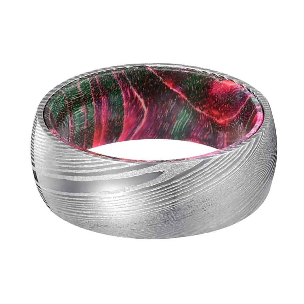 ELTON Men's Damascus Steel Ring with Red/Green Wood Sleeve 8mm