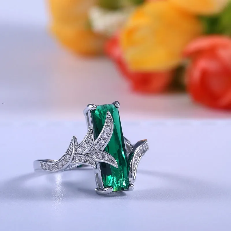 Emerald Ring With Diamond Silver 925 RingsGemstone Women Wedding Jewelry