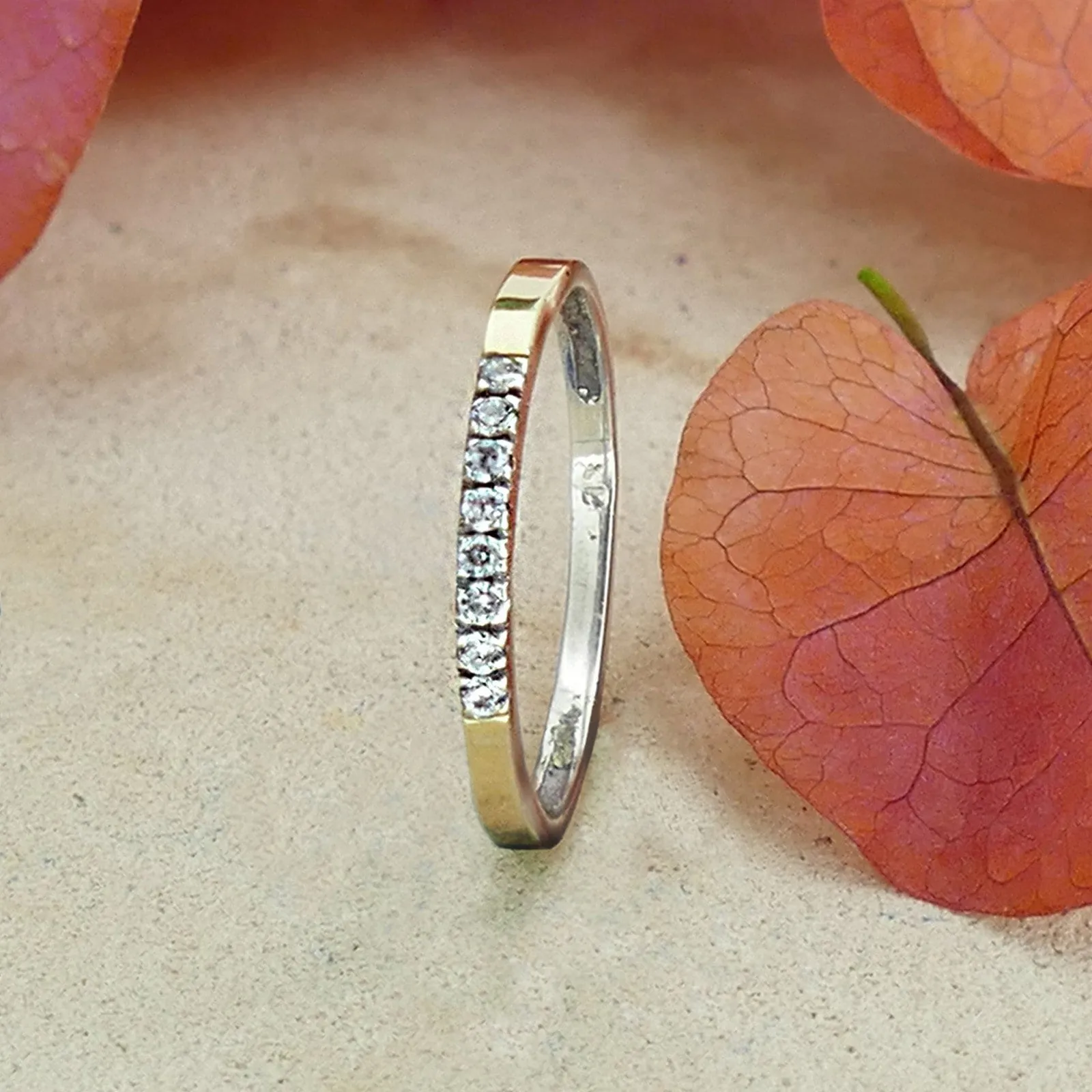Engagement ring Mix metal ring Two Tone Solid 9k Yellow Gold&925 Sterling Silver Unique Stackable Ring 0.64Carat White Cubic Zirconia Stone