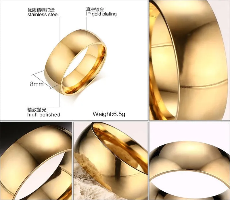 Fashion 18k gold plated ring wedding engagement rings for women and men jewelry 8.0mm stainless steel gifts