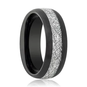 FERMI | Black Tungsten Ring, Imitation Meteorite Inlay, Domed
