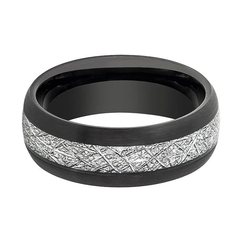 FERMI | Black Tungsten Ring, Imitation Meteorite Inlay, Domed