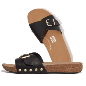 FitFlop Women's Iqushion Adjustable Buckle Leather Slides Wedge Sandal, Black, 8