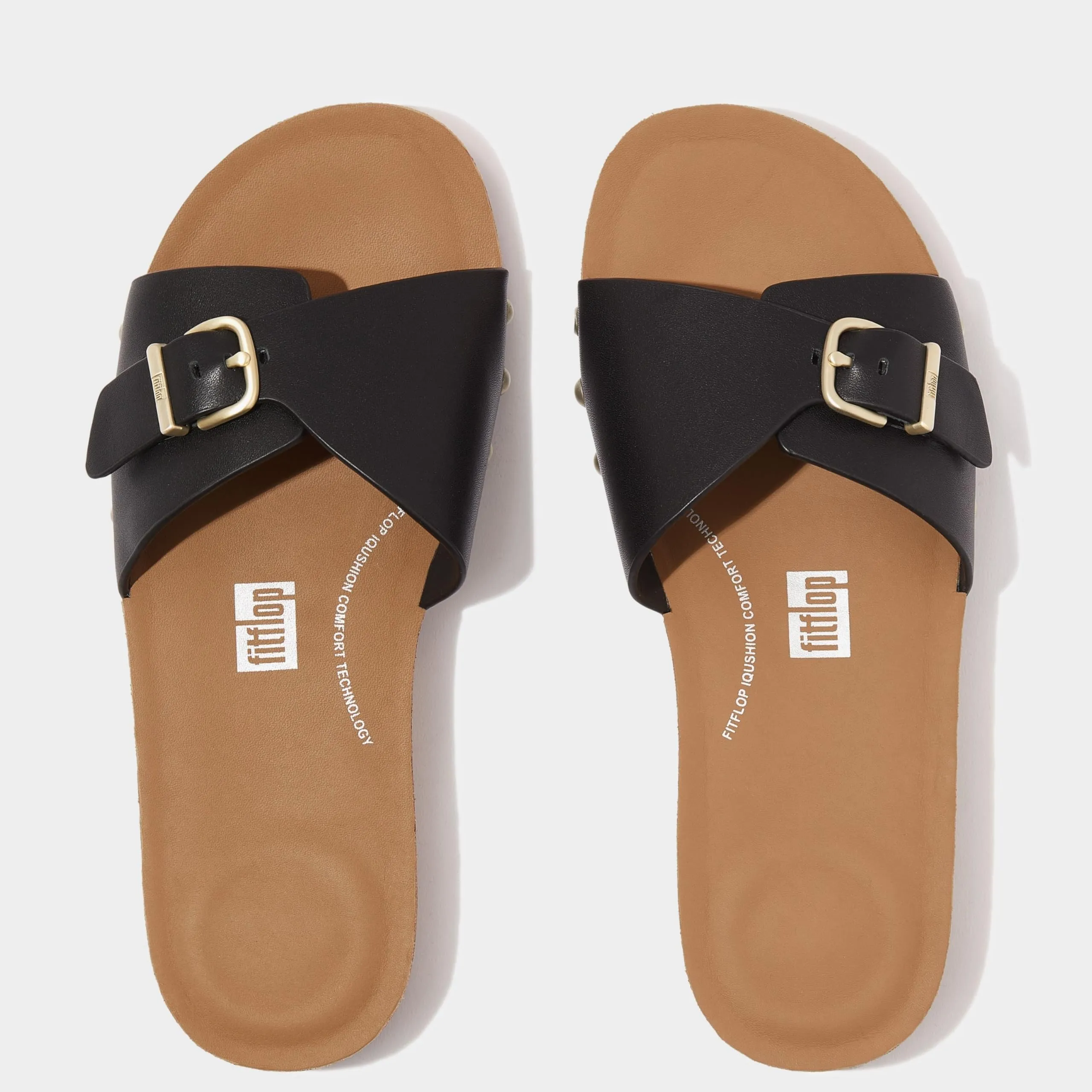FitFlop Women's Iqushion Adjustable Buckle Leather Slides Wedge Sandal, Black, 8