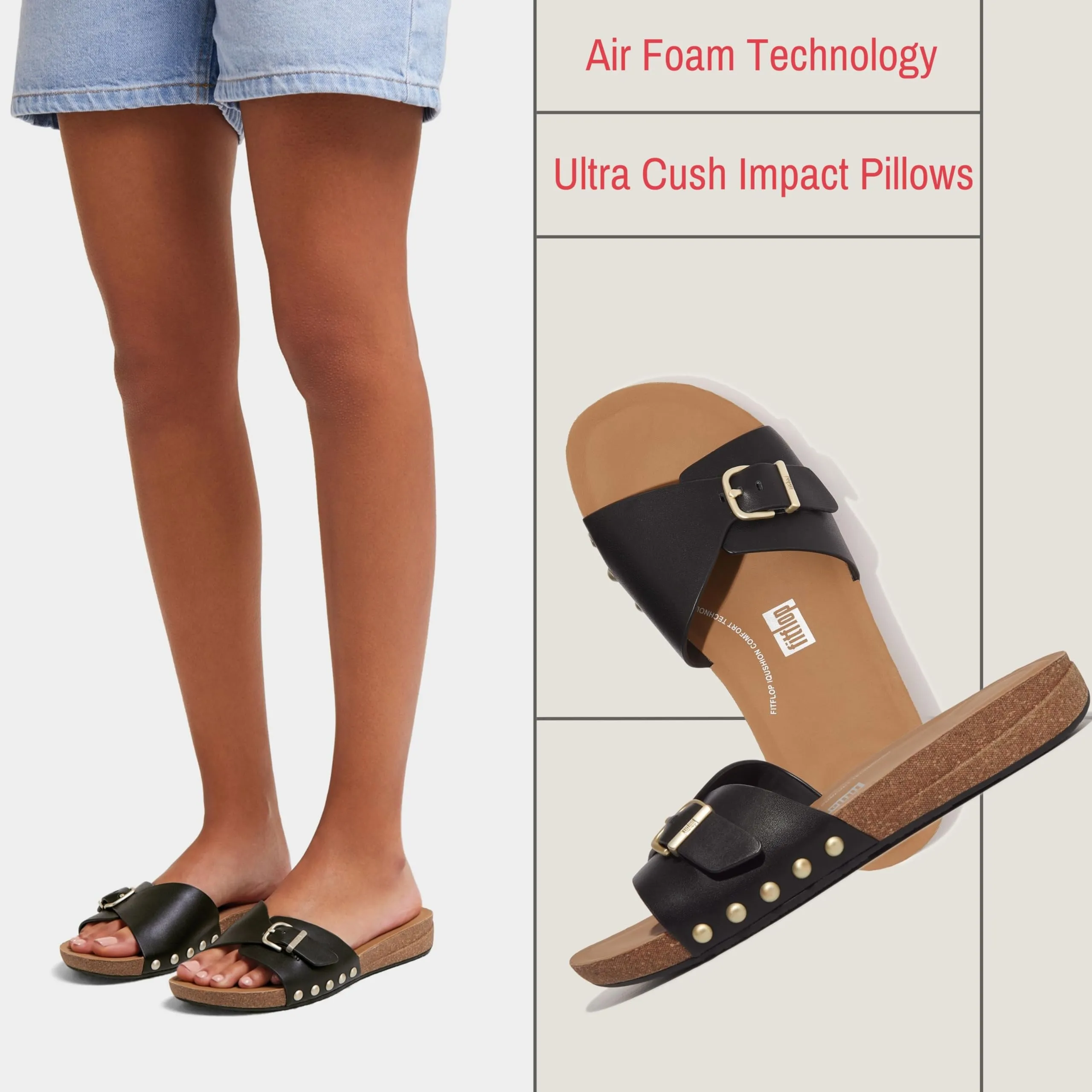 FitFlop Women's Iqushion Adjustable Buckle Leather Slides Wedge Sandal, Black, 8