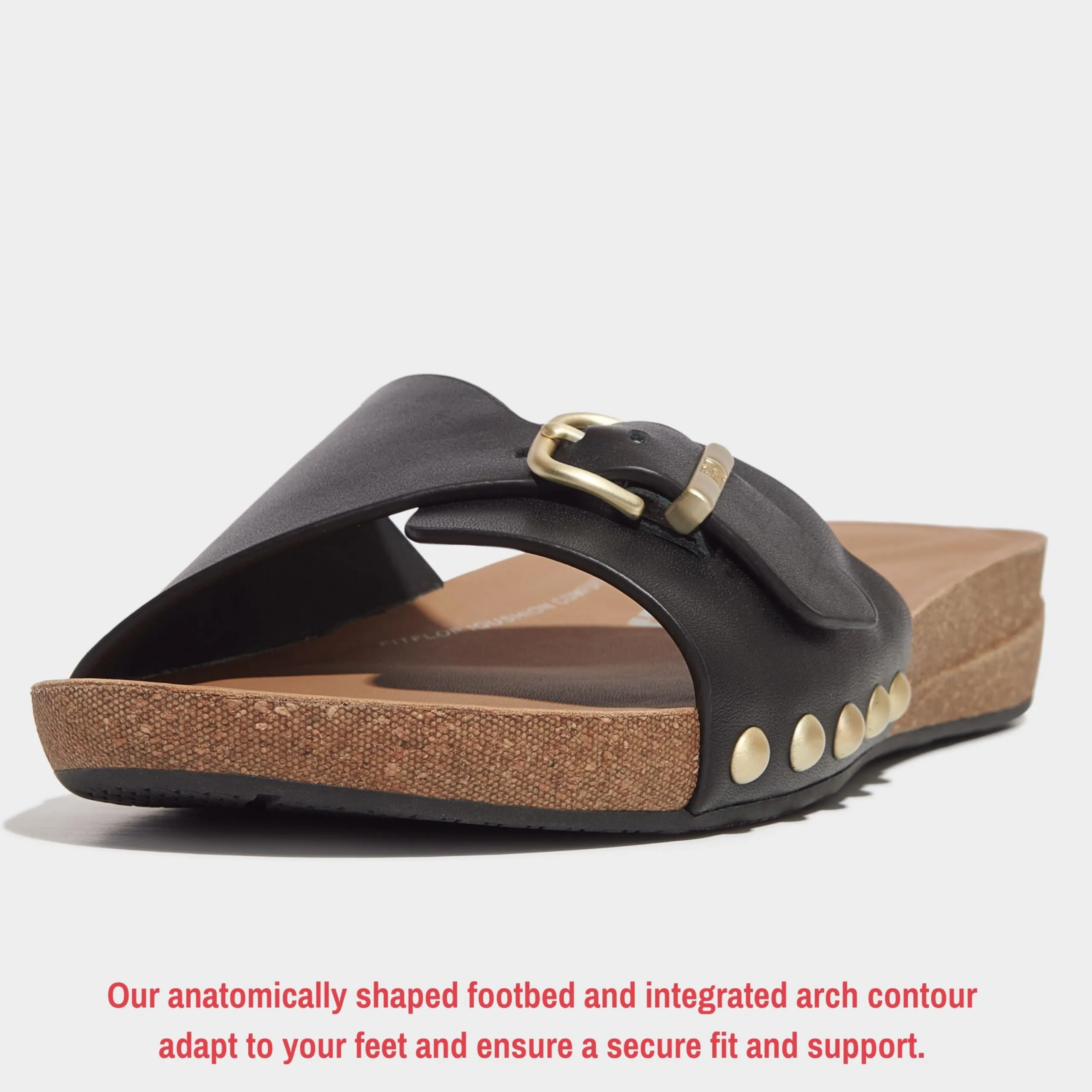 FitFlop Women's Iqushion Adjustable Buckle Leather Slides Wedge Sandal, Black, 8