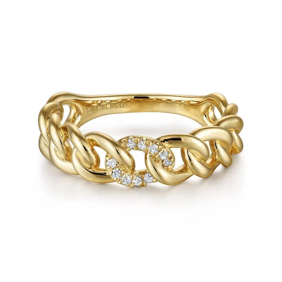 Gabriel & Co. - LR51250Y45JJ - 14K Yellow Gold Chain Link Ring Band with Pavﾂ Diamond Station