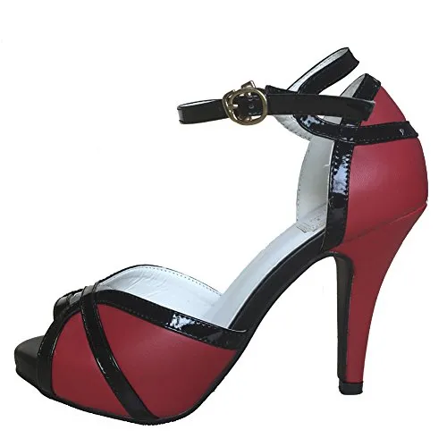 getmorebeauty Women's Vintage Red and Black Peep Toes Dress Shoes High Heels Ladies Open Toe Party Pumps Buckle Sandals (US 7, Red)