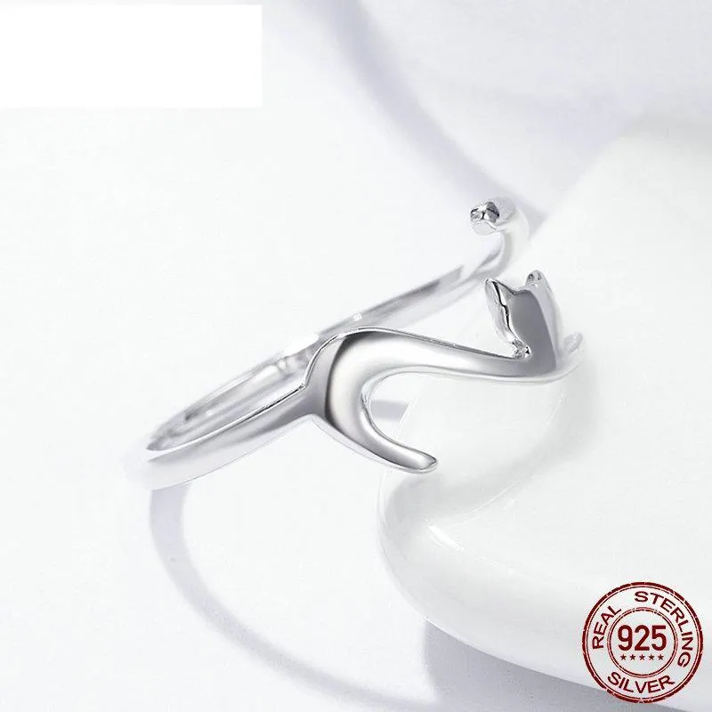 Great 925 Sterling Silver Elegant Sticky Cat with Long Tail Finger Ring Luxury Women Ring Adjustable Engagement Ring Jewelry