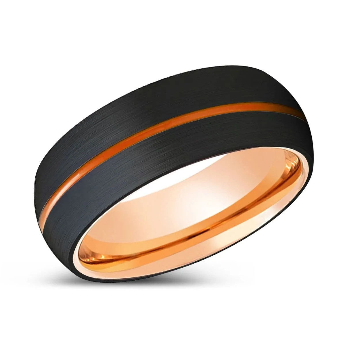 GRIZZLY | Rose Gold Ring, Black Tungsten Ring, Orange Groove, Domed