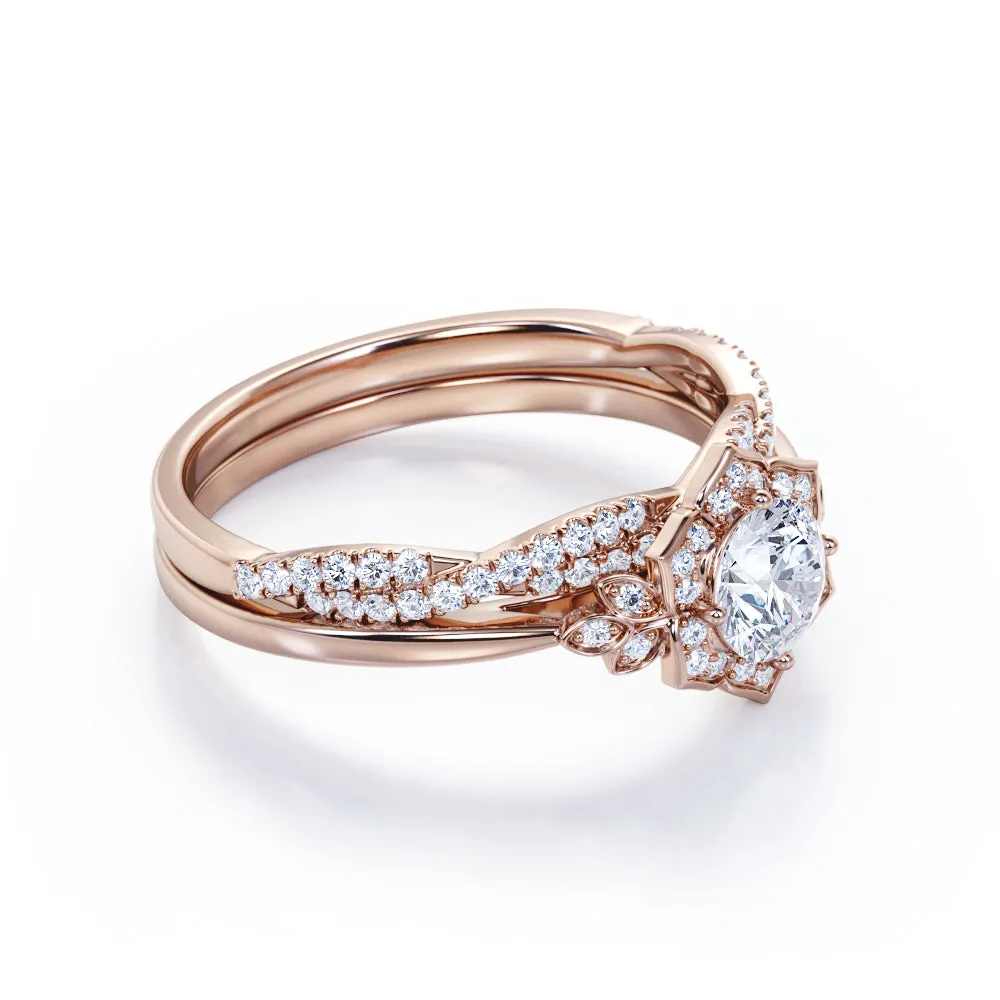 Half-infinity 1.5 carat round cut Moissanite and diamond floral inspired engagement rings and wedding band in gold-Bridal set