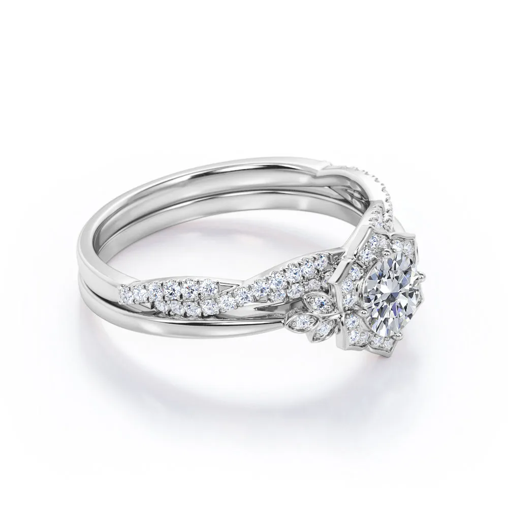 Half-infinity 1.5 carat round cut Moissanite and diamond floral inspired engagement rings and wedding band in gold-Bridal set