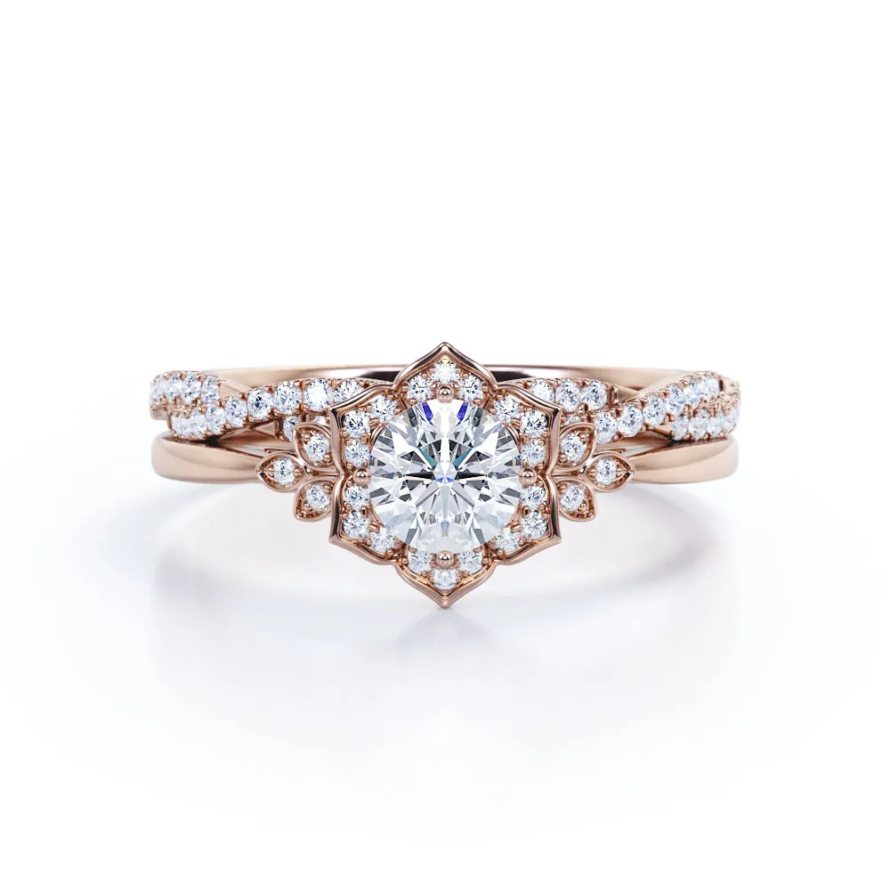 Half-infinity 1.5 carat round cut Moissanite and diamond floral inspired engagement rings and wedding band in gold-Bridal set