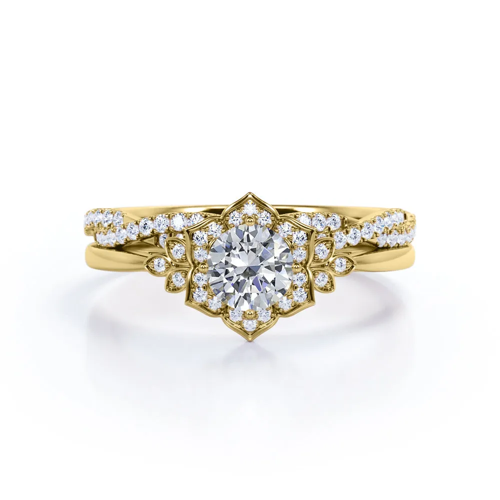 Half-infinity 1.5 carat round cut Moissanite and diamond floral inspired engagement rings and wedding band in gold-Bridal set