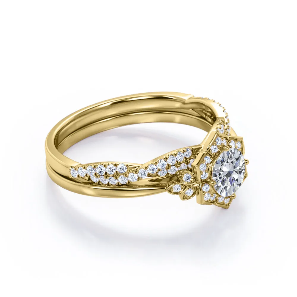 Half-infinity 1.5 carat round cut Moissanite and diamond floral inspired engagement rings and wedding band in gold-Bridal set