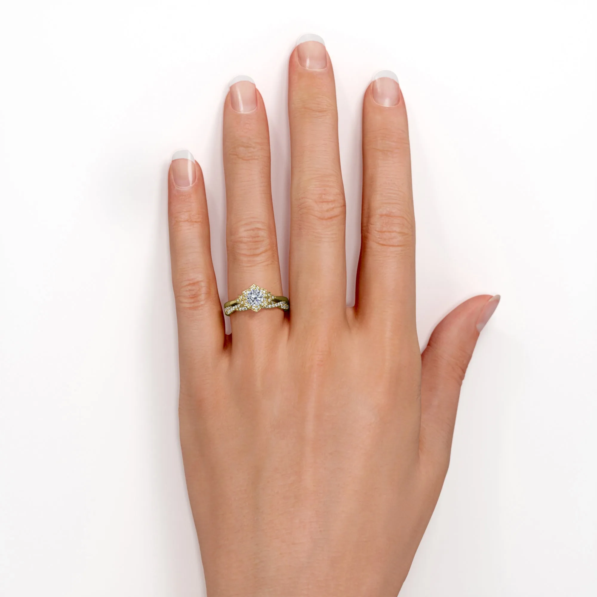Half-infinity 1.5 carat round cut Moissanite and diamond floral inspired engagement rings and wedding band in gold-Bridal set