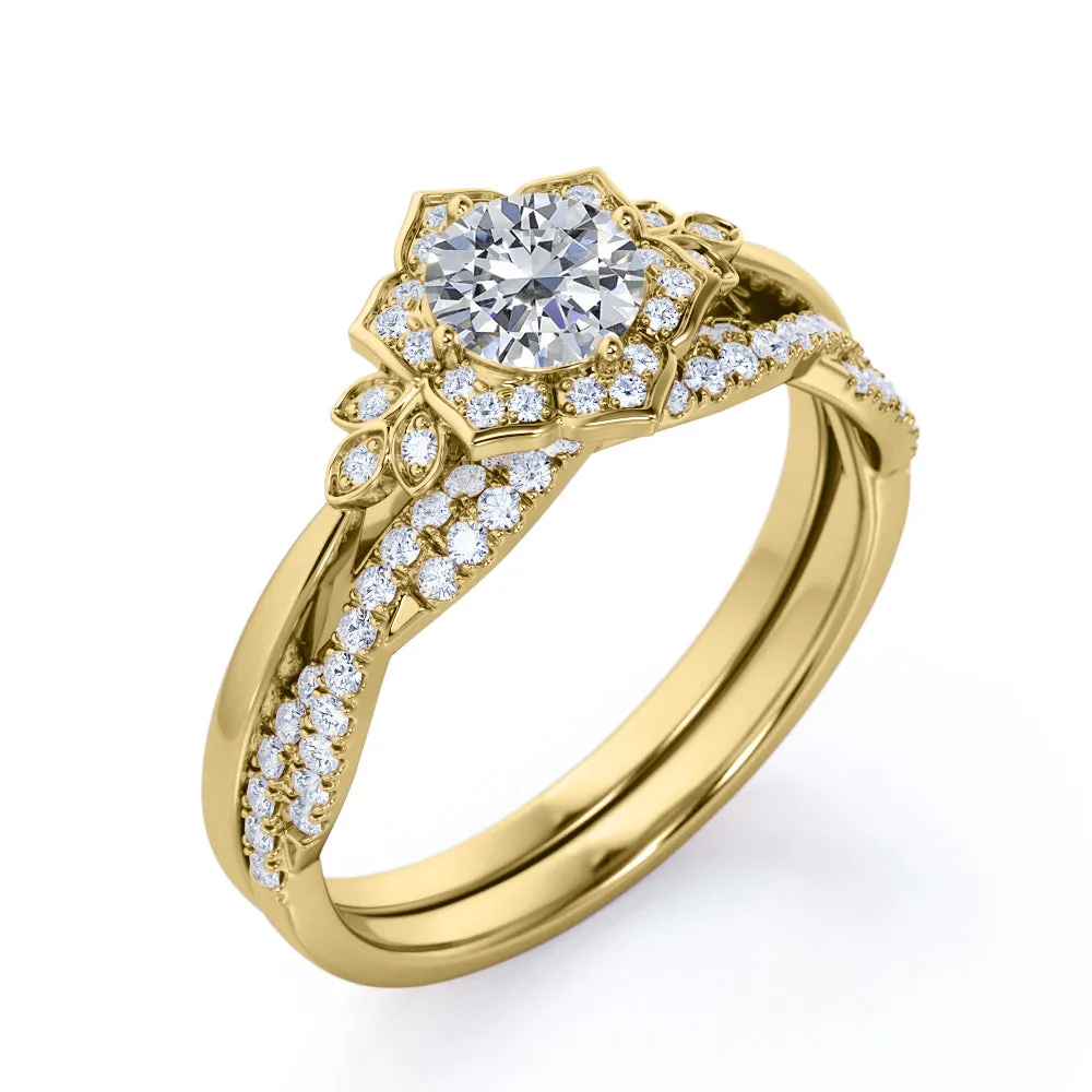 Half-infinity 1.5 carat round cut Moissanite and diamond floral inspired engagement rings and wedding band in gold-Bridal set