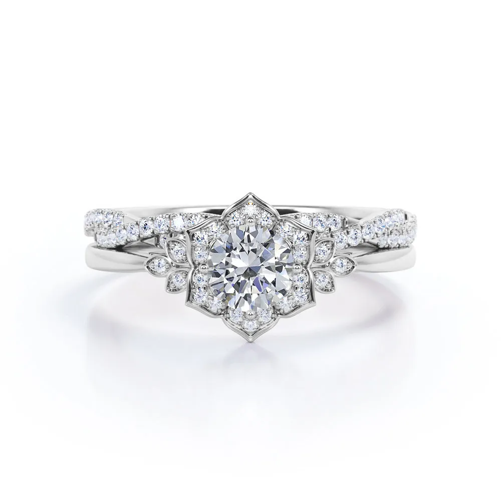 Half-infinity 1.5 carat round cut Moissanite and diamond floral inspired engagement rings and wedding band in gold-Bridal set