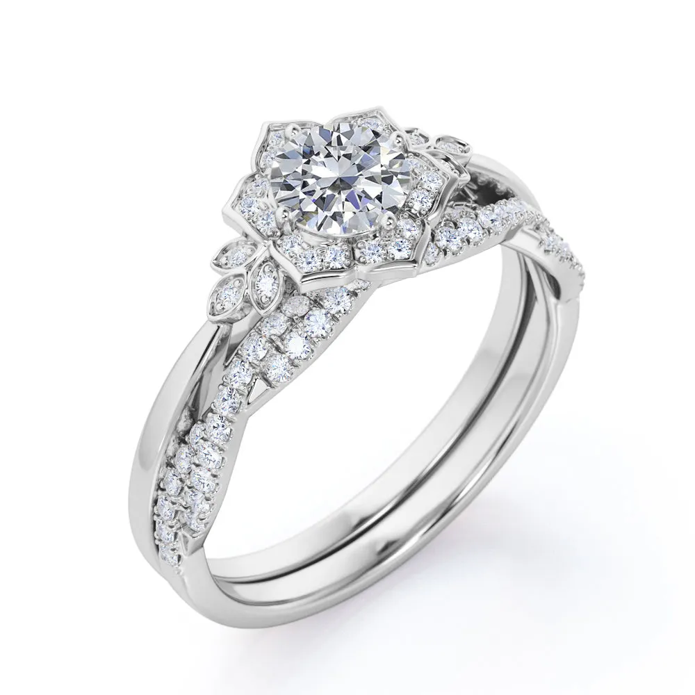 Half-infinity 1.5 carat round cut Moissanite and diamond floral inspired engagement rings and wedding band in gold-Bridal set