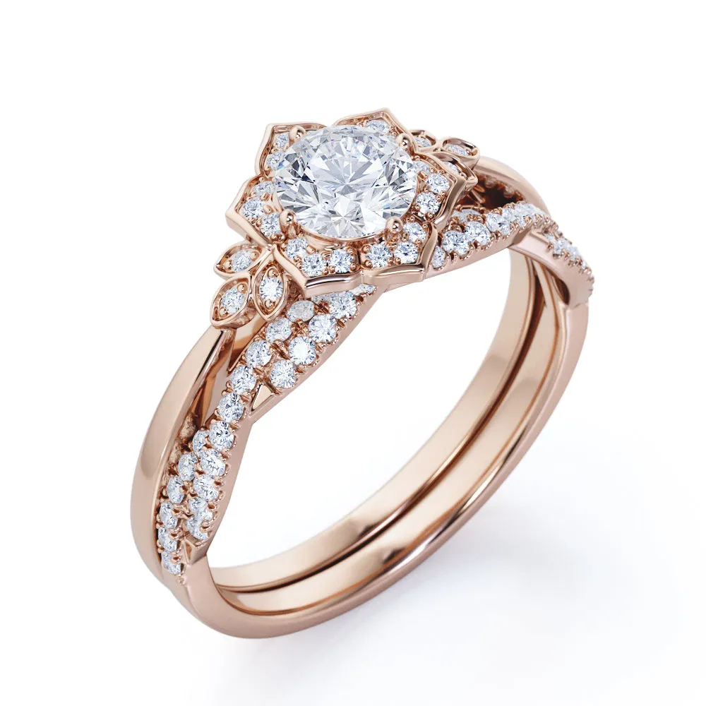 Half-infinity 1.5 carat round cut Moissanite and diamond floral inspired engagement rings and wedding band in gold-Bridal set