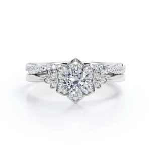 Half-infinity 1.5 carat round cut Moissanite and diamond floral inspired engagement rings and wedding band in gold-Bridal set