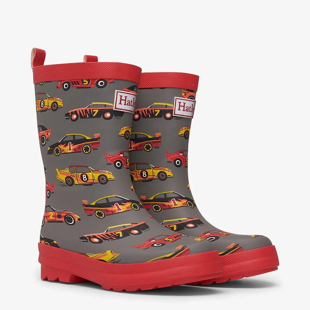 HATLEY Shiny Kids Rain Boots | Classic Race Cars size 4