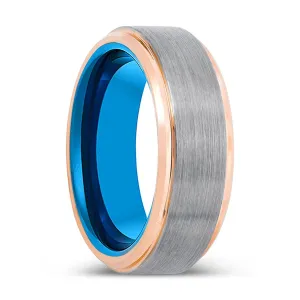 INFILTRATOR | Blue Tungsten Ring, Silver Tungsten Ring, Brushed, Rose Gold Stepped Edge