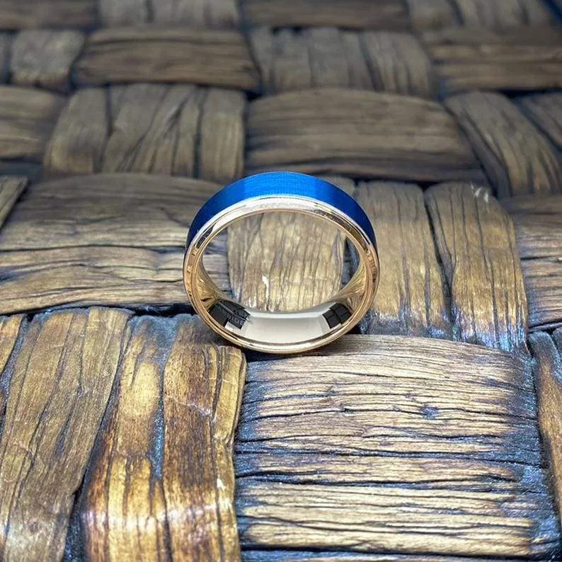KIANO Men's Blue Brushed Tungsten Ring with Rose Gold Step Edges & inside 8mm