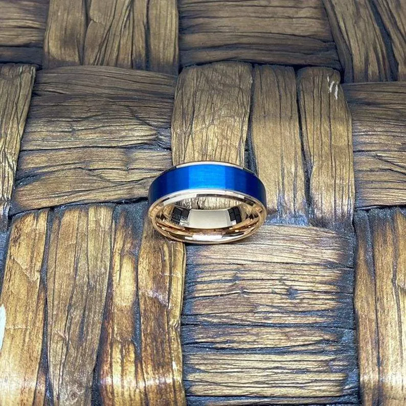 KIANO Men's Blue Brushed Tungsten Ring with Rose Gold Step Edges & inside 8mm