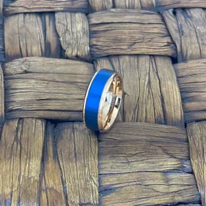 KIANO Men's Blue Brushed Tungsten Ring with Rose Gold Step Edges & inside 8mm