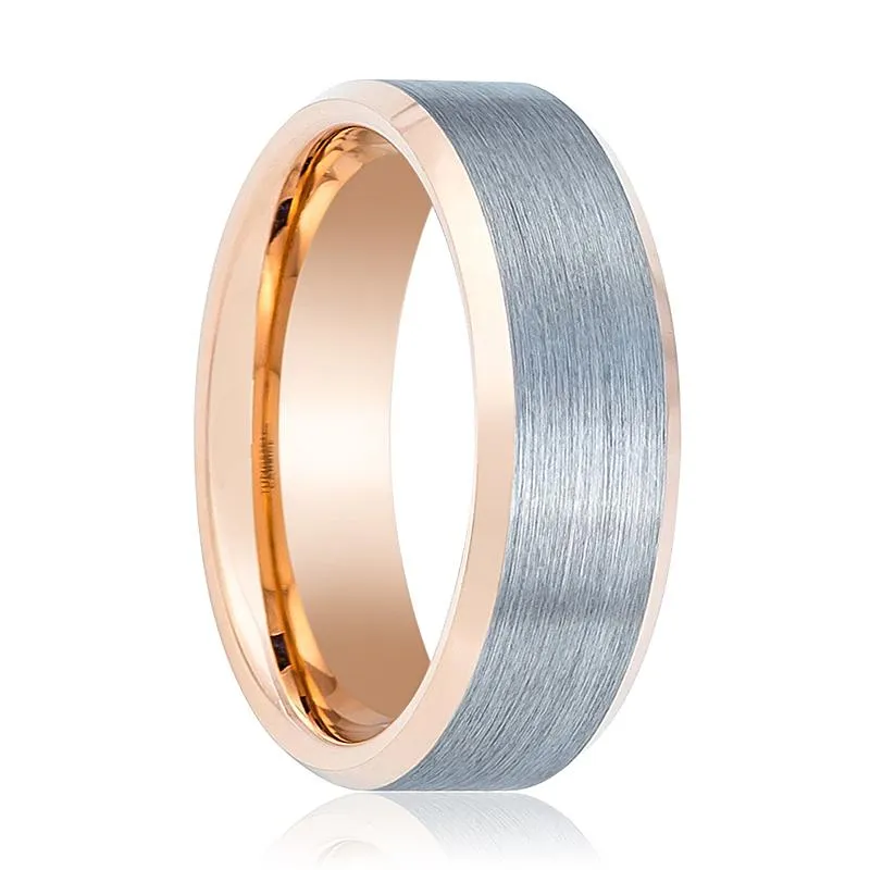 KINGRAY | Rose Gold Tungsten Ring, Silver Brushed, Beveled