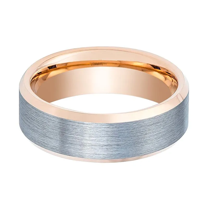 KINGRAY | Rose Gold Tungsten Ring, Silver Brushed, Beveled